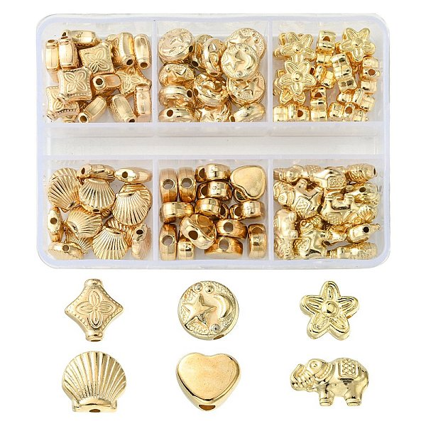 

PandaHall 90Pcs 6 Style Plating ABS Plastic Beads, Mixed Shapes, Light Gold Plated, 8~10.5x9~12.5x4mm, Hole: 1.2~2mm, 15pcs/style ABS...