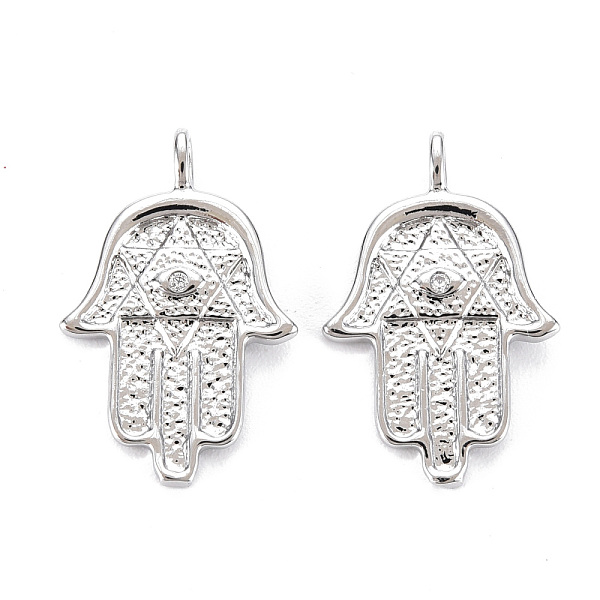 

PandaHall Brass Micro Pave Clear Cubic Zirconia Pendants, Nickel Free, Textured, Hamsa Hand/Hand of Miriam, Real Platinum Plated...