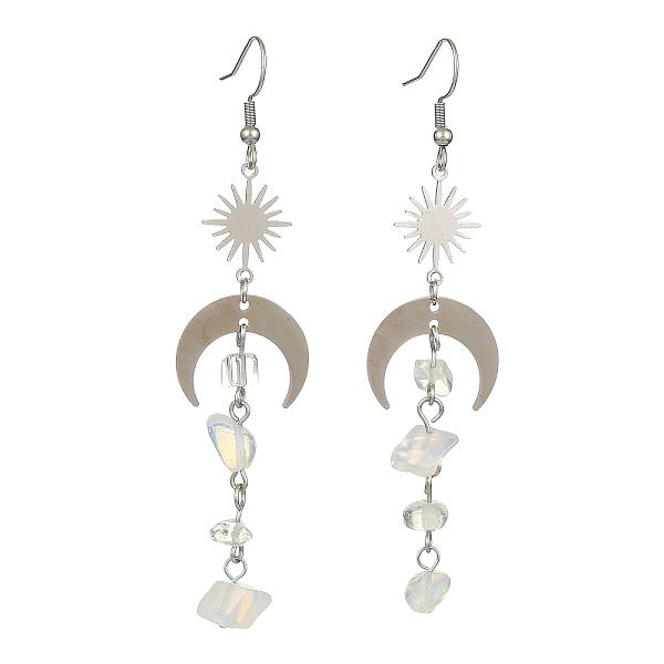 

PandaHall Opalite Chips Tassel Dangle Earrings, Brass Sun & 201 Stainless Steel Moon Long Drop Earrings, 80~85x20mm Opalite Moon