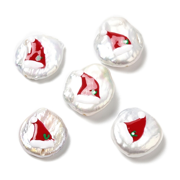 

PandaHall Baroque Style Natural Keshi Pearl Beads, Christmas Theme Beads with Enamel, Flat Round, Seashell Color, Hat, 17~20x15~17x4~7mm...