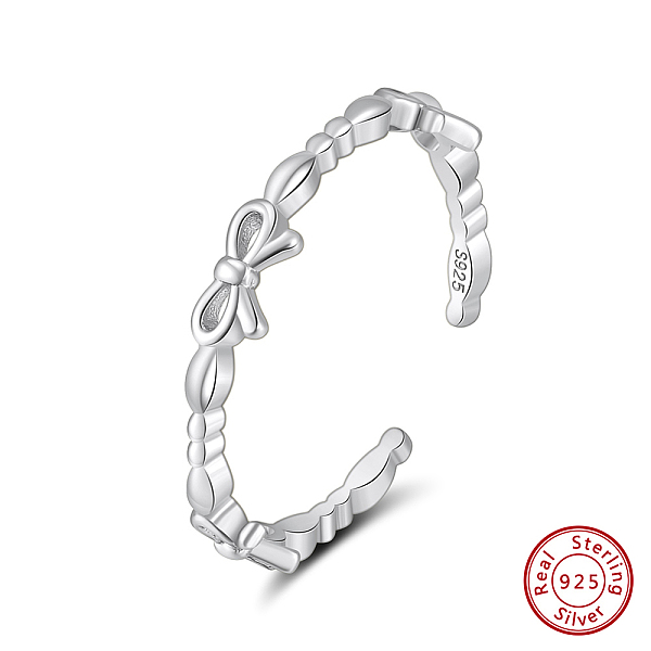 Rhodium Plated Bowknot 925 Sterling Silver Open Cuff Rings for Women