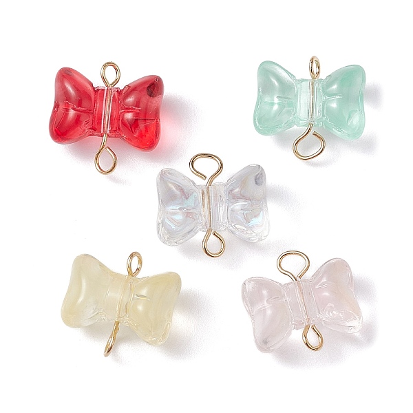 

PandaHall Glass Connector Charms, Bowknot Links with Metal Double Loops, Golden, 13x14.5x8mm, Hole: 1.5~3mm Glass Bowknot