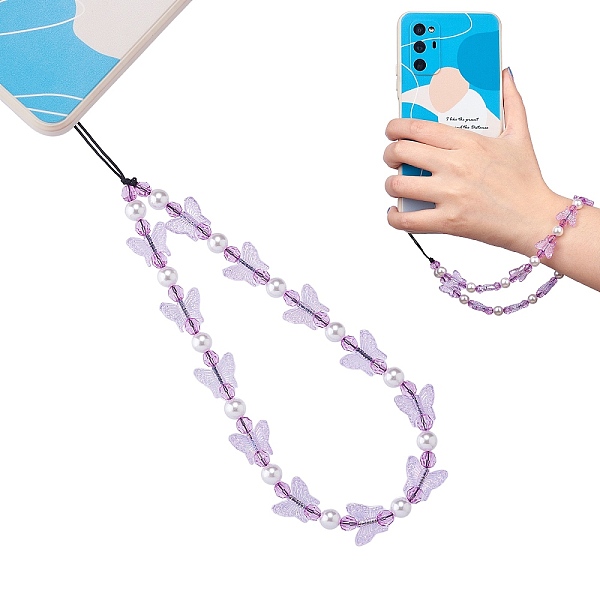 

PandaHall Acrylic Beaded Phone Lanyard, Wrist Straps Butterfly Beads Mobile Phone Lanyard for Woman Men, Lilac, 22cm Acrylic Purple