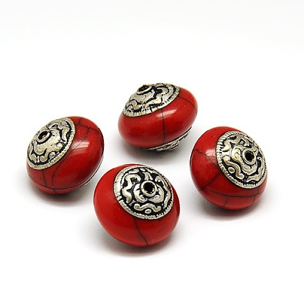 

PandaHall Handmade Tibetan Style Beads, Thailand 925 Sterling Silver with Turquois, Flat Round, Antique Silver, Dark Red, 17x14.5mm, Hole...