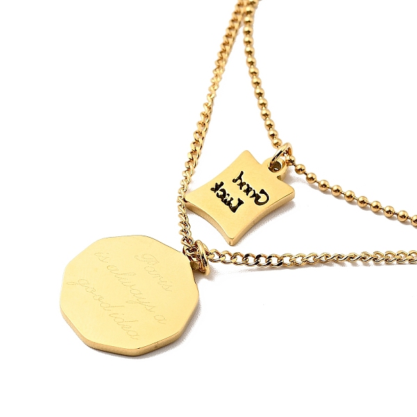 

PandaHall Flat Round & Rectangle Pendants Double Layer Necklace, Ion Plating(IP) 304 Stainless Steel Word Good Luck Necklace for Women...