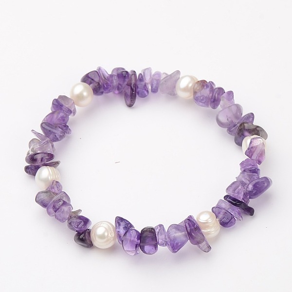 

PandaHall Gemstone Chip Stretch Bracelets, with Grade B Potato Freshwater Pearl Beads, Amethyst, 55mm Amethyst Purple