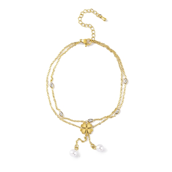 

PandaHall Ion Plating(IP) 304 Stainless Steel Anklets, with Cubic Zirconia and Plastic Pearl, Clover, Golden, 8-1/4 inch(21cm) Stainless...