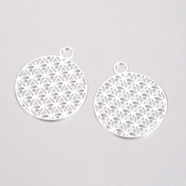 

PandaHall Brass Pendants, Filigree Pendants, Flat Round, Silver Color Plated, 23.5x20x0.6mm, Hole: 3mm Brass Flat Round