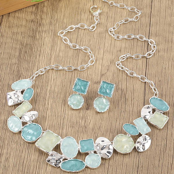 Flat Round & Oval & Square Zinc Alloy Enamel Pendant Necklaces & Stud Earrings Sets