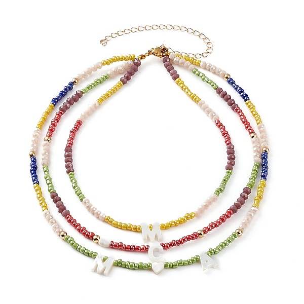 

PandaHall 3 Layer Necklaces, Initial Necklace, with Glass Beads, Glass Seed Beads and Natural Shell Letter Beads, Golden, Colorful, 13.58...