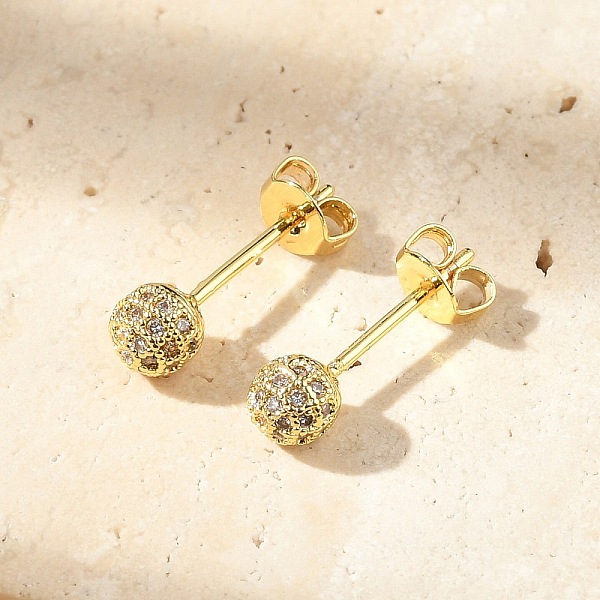 Round Brass Micro Pave Clear Cubic Zirconia Stud Earrings