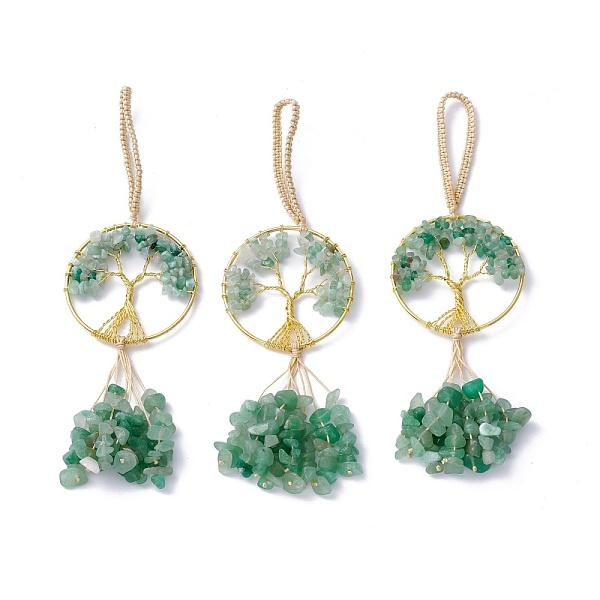 

PandaHall Wire Wrapped Chips Natural Green Aventurine Big Pendant Decorations, with Brass Wires and Nylon Cord, Flat Round with Tree of Life...