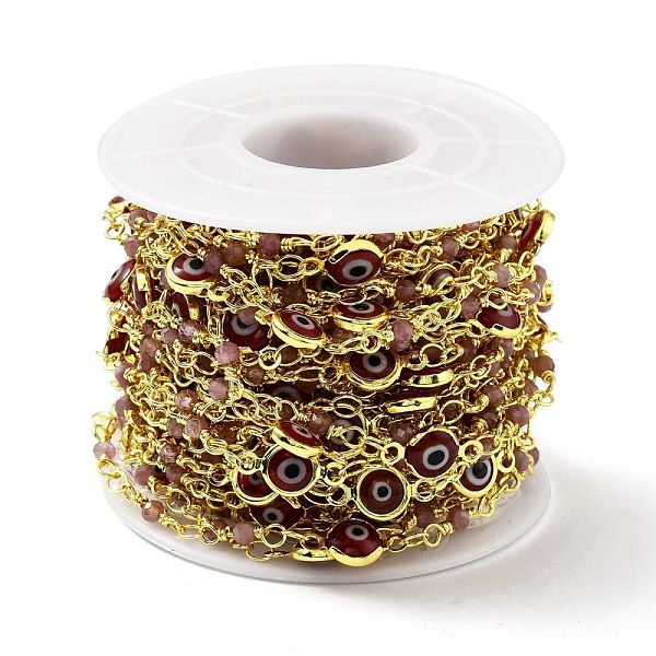 

PandaHall Handmade Glass Flat Round with Evil Eye Link Chains with Natural Tourmaline Beaded, with Gold Plated Brass Chains, Soldered, with..., Red