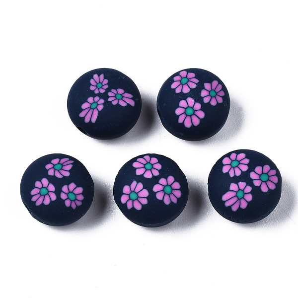 PandaHall Handmade Polymer Clay Beads, for DIY Jewelry Crafts Supplies, Flat Round with Flower, Midnight Blue, 12x8.5mm, Hole: 1.6mm Polymer...