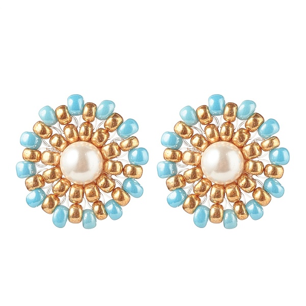 

PandaHall Shell Pearl & Glass Seed Braided Flower Stud Earrings, Golden 304 Stainless Steel Wire Wrap Jewelry for Women, Light Cyan, 19mm...