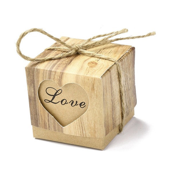 PandaHall Valentine's Day Theme Paper Fold Gift Boxes, Square with Hollow out Heart & Word Love, Hemp Rope, for Presents Candies Cookies...