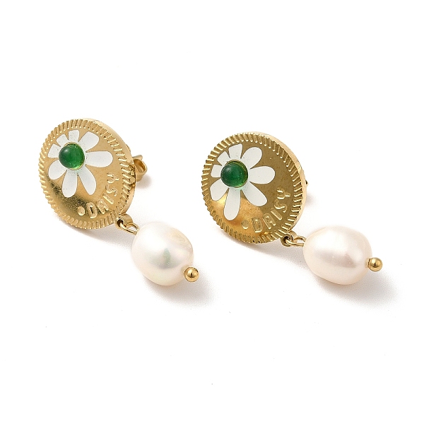 

PandaHall Daisy with Natural Pearl Dangle Stud Earrings, Ion Plating(IP)304 Stainless Steel Drop Earrings for Women, Golden, 28mm, Pin...