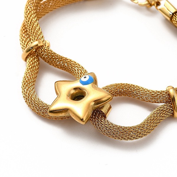

PandaHall Enamel Star with Evil Eye Link Bracelet, 304 Stainless Steel Round Mesh Chains Wrap Bracelet for Women, Golden, 6-1/8 inch(15.5cm)...