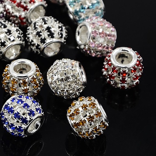 

PandaHall Brass Rhinestone European Beads, Large Hole Beads, Rondelle, Silver Color Plated, Mixed Color, 12x10mm, Hole: 4mm Brass+Rhinestone..., Multicolor