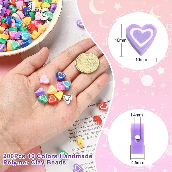 

PandaHall 200Pcs 10 Colors Handmade Polymer Clay Beads, Heart, Mixed Color, 10x10x4.5mm, Hole: 1.4mm, 20pcs/color Polymer Clay Heart..., Multicolor