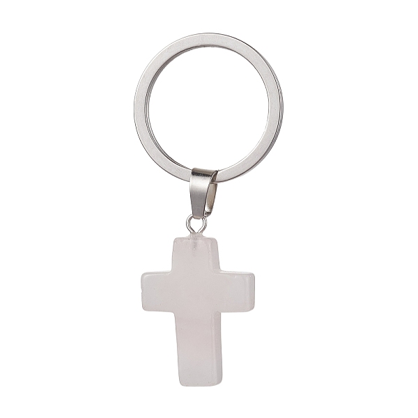 

PandaHall Natural Rose Quartz Keychains, with 304 Stainless Steel Split Key Rings, Cross, 5.6cm, Cross: 37.5x18x5.5mm Rose Quartz Cross