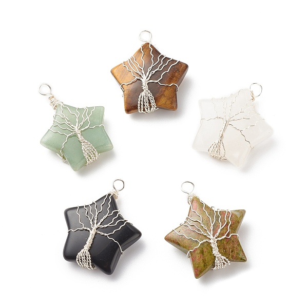 

PandaHall Natural & Synthetic Gemstone Pendants, with Silver Tone Copper Wire Wrapped, Star with Tree, 36x30x12mm, Hole: 3.5mm Mixed Stone...