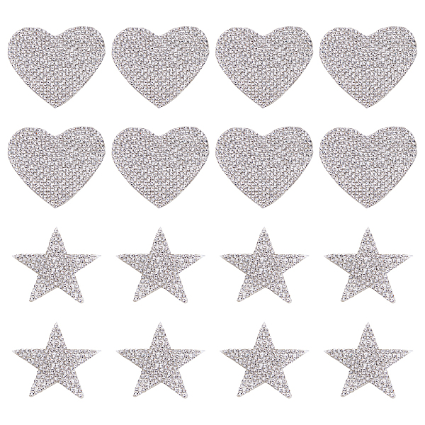 

PandaHall AHADERMAKER 16Pcs 2 Style Glitter Hotfix Rhinestone, Iron on Patches, Dress Shoes Garment Decoration, Heart & Star, Crystal..., Clear