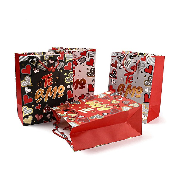 PandaHall 4 Colors Valentine's Day Love Paper Gift Bags, Rectangle Shopping Bags, Wedding Gift Bags with Handles, Mixed Color, Word, Unfold...