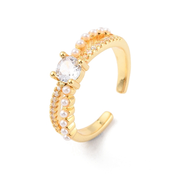 

PandaHall Clear Cubic Zirconia Diamond Open Cuff Ring with Plastic Pearl Beaded, Rack Plating Brass Jewelry for Women, Cadmium Free & Lead..., White