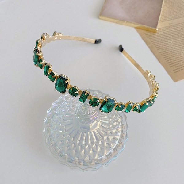 

PandaHall Glass Rhinestone Hair Bands, Golden Tone Iron Hair Accessories for Women Girls, Emerald, 150x130mm Rhinestone Green