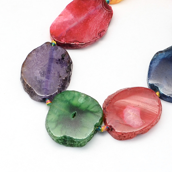 

PandaHall Dyed Polygon Natural Agate Bead Strands, Colorful, 16~50x15~38x5~8mm, Hole: 2~3mm, about 8~11pcs/strand, 16.8 inch Natural Agate...