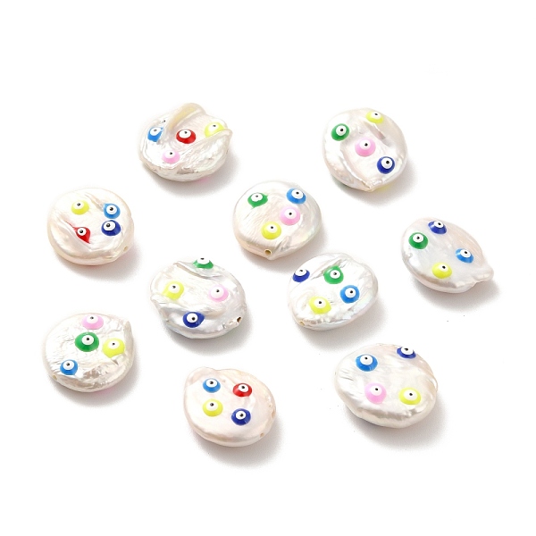 

PandaHall Natural Baroque Pearl Keshi Pearl Beads, with Colorful Enamel, Flat Round with Evil Eye, Seashell Color, 17~21x16~17x6.5mm, Hole..., White