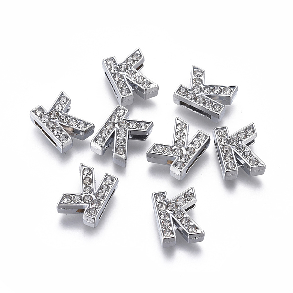 

PandaHall Alloy Initial Slide Charms with Grade A Rhinestones, Lead Free & Nickel Free, Platinum, Letter.K, 12.5x10x4.5mm, Hole: 8x2mm..., Clear