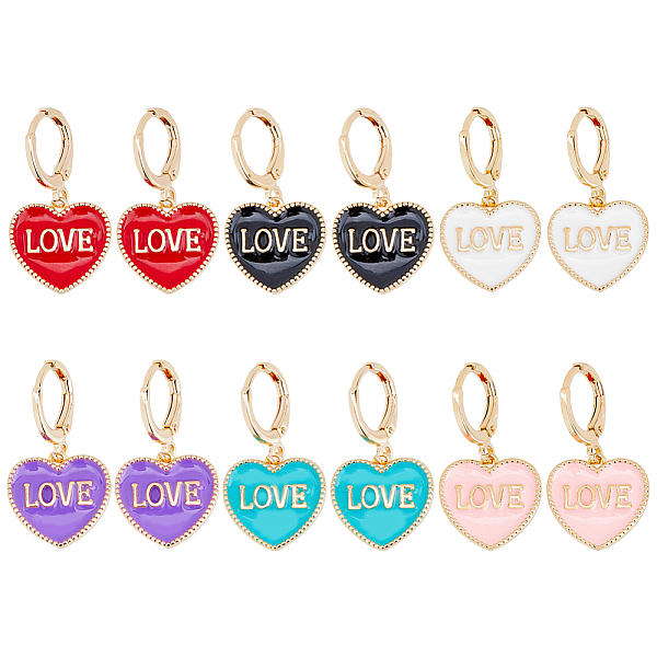 PandaHall DICOSMETIC 12Pcs 6 Colors Heart with Word Love Enamel Dangle Leverback Earrings, Golden Brass Jewelry for Women, Mixed Color, 28mm...