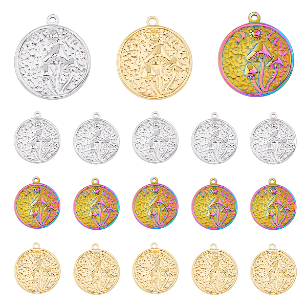 

PandaHall DICOSMETIC 24Pcs 3 Colors 201 Stainless Steel Pendants, Flat Round with Mushroom Charm, Mixed Color, 29x25x3mm, Hole: 1.8mm...