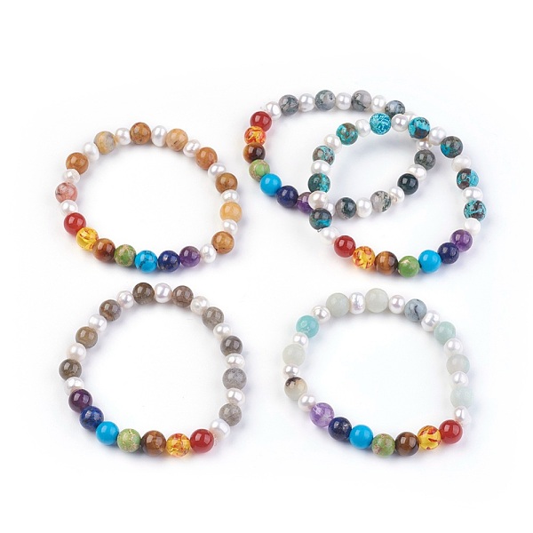 PandaHall Natural Gemstone Stretch Bracelets, with Pearl and Mixed Stone, 2-1/8 inch(5.5cm) Mixed Stone