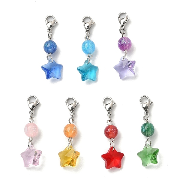 

PandaHall Glass Star Pendant Decorations, with Resin Round Beads and 304 Stainless Steel Lobster Claw Clasps, Mixed Color, 42mm, 7pcs/set..., Multicolor