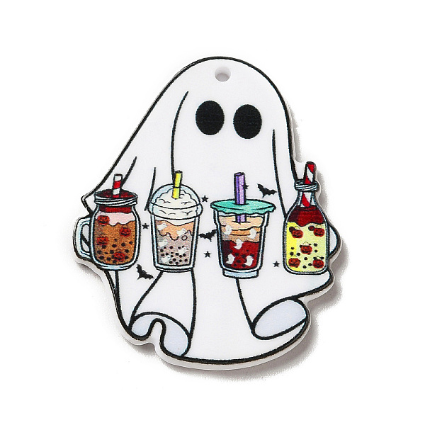 

PandaHall Halloween Printed Acrylic Pendants, Ghost with Drink Charm, White, 39.5x32.5x2.5mm, Hole: 1.8mm Acrylic Ghost White