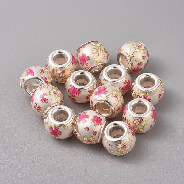 

PandaHall Opaque Printed Glass European Beads, Large Hole Beads, with Brass Silver Color Plated Core, Rondelle with Flower Pattern, Hot Pink...