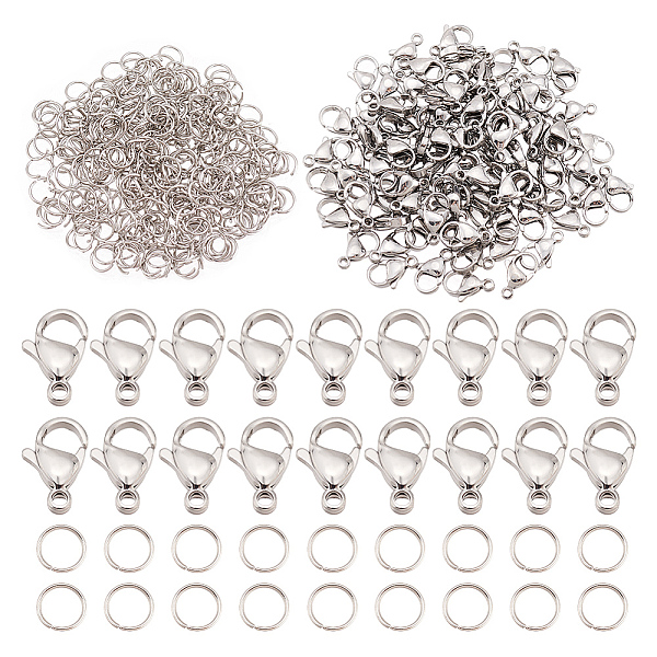 

PandaHall 100Pcs 304 Stainless Steel Lobster Claw Clasps, with 300Pcs 304 Stainless Steel Open Jump Rings, Stainless Steel Color...