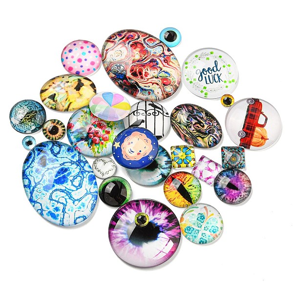 

PandaHall Glass Cabochons, Mixed Shapes, Mixed Color, 6~40x6~29x3~7mm, about 48Pcs/200G Glass Mixed Shapes Multicolor