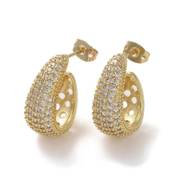 

PandaHall Brass Micro Pave Cubic Zirconia Stud Earrings, Half Hoop Earrings, Real 16K Gold Plated, 19x17mm Cubic Zirconia