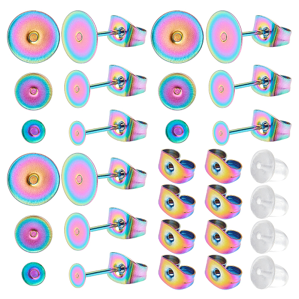 

PandaHall DICOSMETIC 36Pcs 3 Size 304 Stainless Steel Stud Earring Findings, Flat Pad Earring Post, with 50Pcs Plastic Ear Nuts, Rainbow...