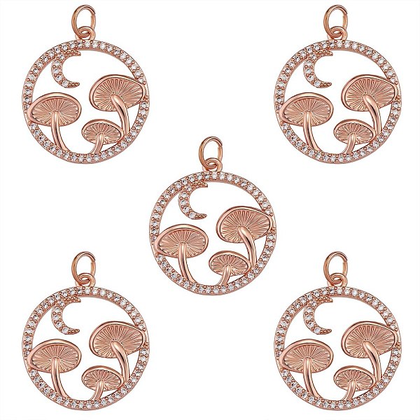 

PandaHall 5Pcs Brass Micro Pave Clear Cubic Zirconia Pendants, Long-Lasting Plated, Flat Round with Mushroom, Rose Gold, 21x19x3mm, Hole...