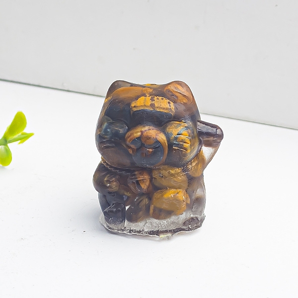 

PandaHall Resin Fortune Cat Display Decoration, with Natural Tiger Eye Chips inside Statues for Home Office Decorations, 25x22x27mm Tiger...