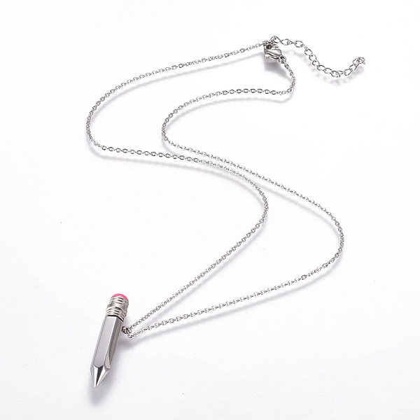 PandaHall 304 Stainless Steel Pendant Necklaces, with Enamel, Pencil, Stainless Steel Color, 460x1mm Stainless Steel Pink