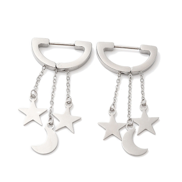 

PandaHall 304 Stainless Steel Star & Moon Dangle Hoop Earrings, Stainless Steel Color, 45mm, Pin: 1mm 304 Stainless Steel