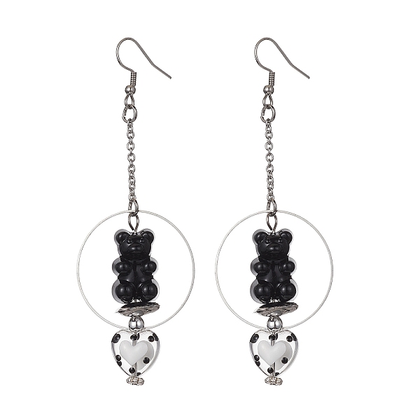 

PandaHall Acrylic Bear & Lampwork Heart Dangle Earrings, 304 Stainless Steel Long Drop Earrings, Black, 90x30.5mm Acrylic Bear Black