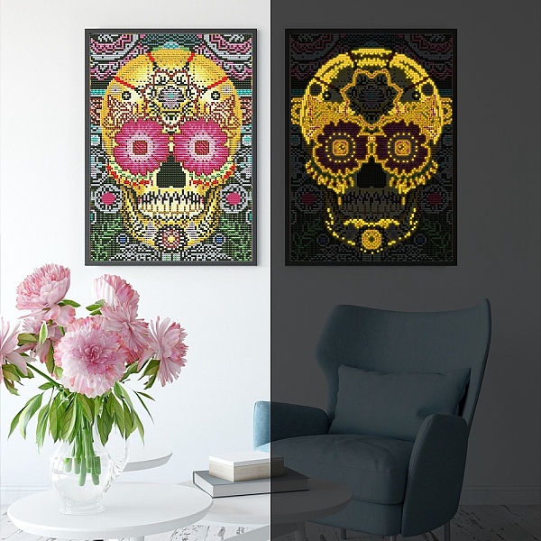 

PandaHall DIY Luminous Diamond Painting Kits, including Cloth, Resin Rhinestones, Diamond Sticky Pen, Tray Plate and Glue Clay, Skull, Cloth..., Yellow