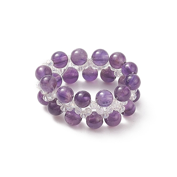 Natürlicher Amethyst Und Glas Geflochtener Stretchring Für Frauen